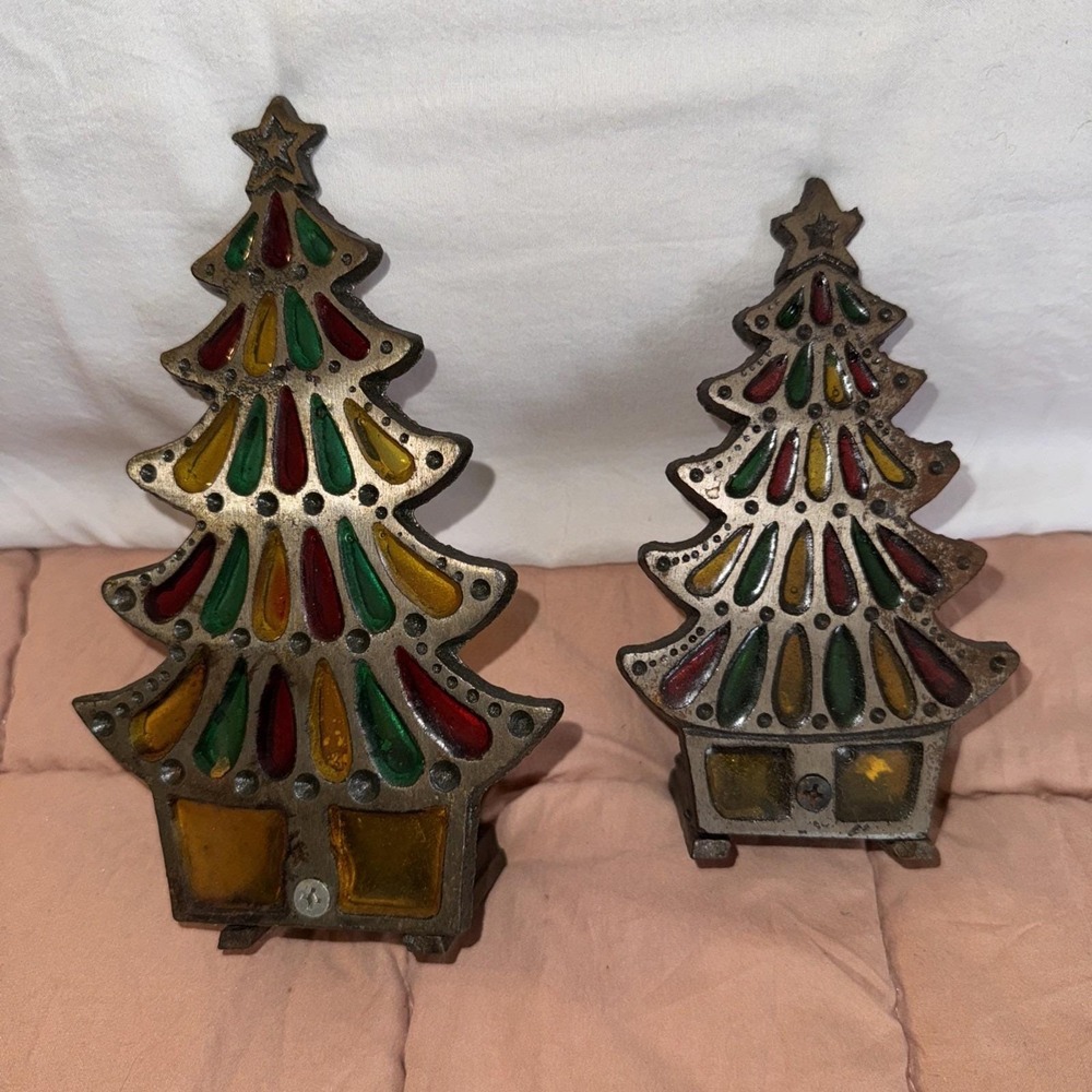Set of 2 Antique Vtg Cast Metal & Stained Glass Christmas Tree Candle Holders